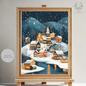 Rustic Winter Landscape Printable Wall Art, Christmas Printable Wall Art, Snowy Christmas Village Whimsical Holiday Decor