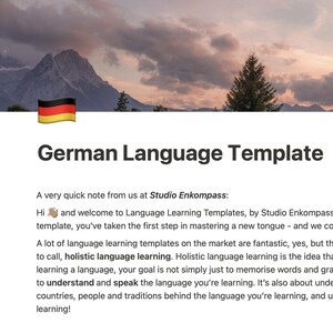 May include: A German language learning template with a mountain range in the background. The text reads "German Language Template" and includes a description of holistic language learning.