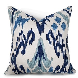 Ikat Pillow, Blue Ikat Pillow Covers, Linen Designer Pillows in Navy Cream White, 16, 18, 20, 22, 24, 12x20, 16x26 image 1