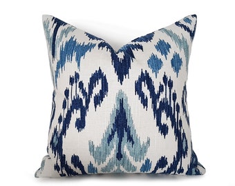 Ikat Pillow, Blue Ikat Pillow Covers, Linen Designer Pillows in  Navy Cream White, 16, 18, 20, 22, 24, 12x20, 16x26