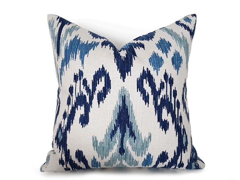 Ikat Pillow, Blue Ikat Pillow Covers, Linen Designer Pillows in Navy Cream White, 16, 18, 20, 22, 24, 12x20, 16x26 image 1