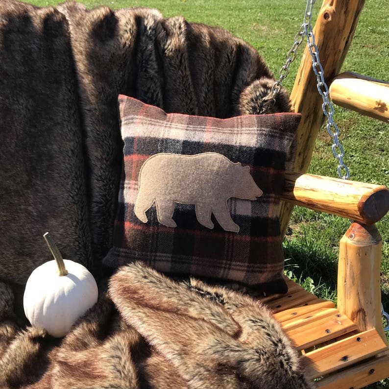 Unique Handmade Bear Pillow Covers, Appliqued Wool Bears for your Camping Decor, 12x18, 12x20, 18x18, 20x20 image 6