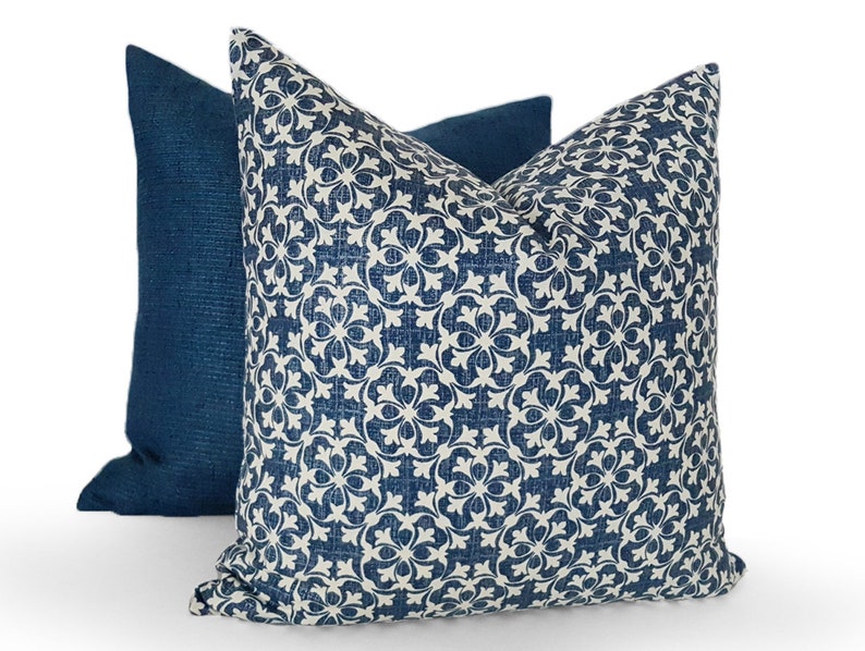 Denim Blue Pillow Covers, Cottage Pillow, Blue Farmhouse Pillow, Cream, Small Print Celtic Cushions, 18x18 image 5
