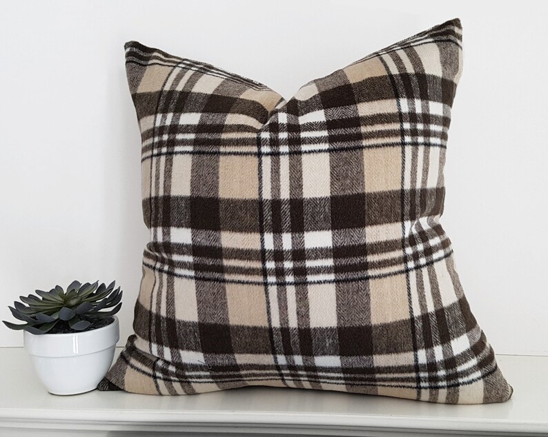 Fall Throw Pillows Brown Plaid Pillow Cover Tan Cream Etsy