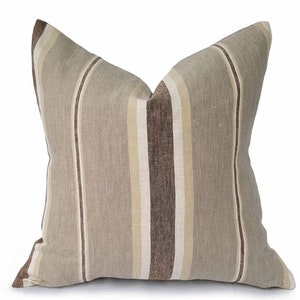 Federa per cuscino in lino a righe, cuscino neutro, tortora, grigio, marrone, arredamento contemporaneo, lombare, 18x18, 20x20