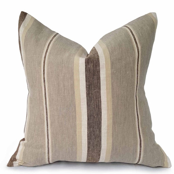 Striped Linen Pillow Cover, Neutral Pillow, Taupe, Gray, Brown, Contemporary Decor, Lumbar, 18x18, 20x20