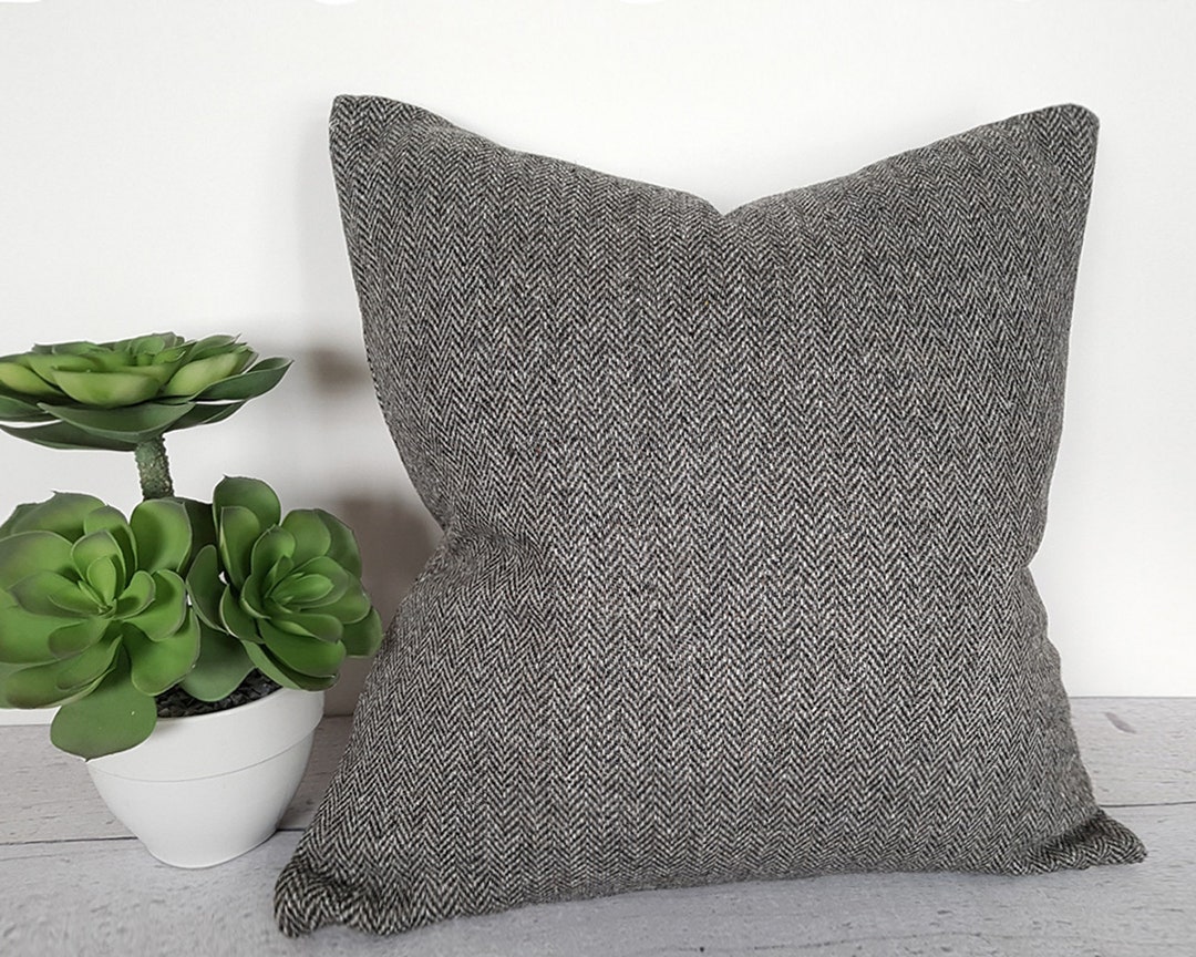 Gray Tan Pillow Covers, Wool Herringbone Lumbar Pillow Covers, Winter