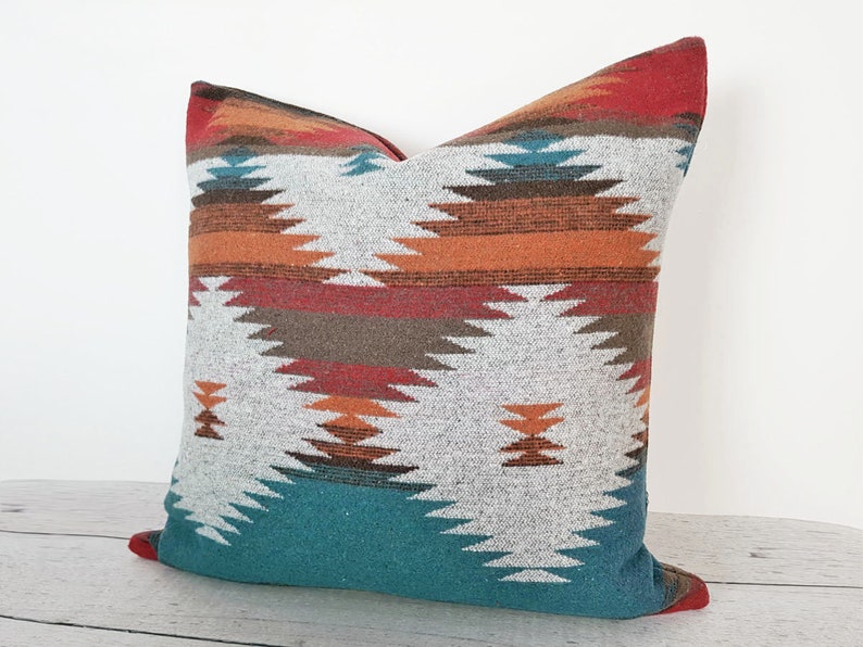 Teal Southwestern Pillow, Native American Pillows, Gray Turquoise, Blue Orange, Tribal Pillow Covers, 12x20, 18x18, 20x20, 26x26 image 7