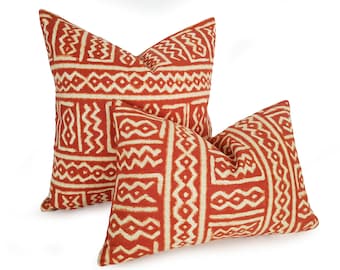 Orange Tribal Pillow Cover,  Rust African Print Pillow, Southwestern Decor, Custom Sizes