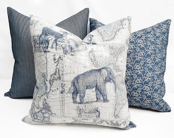 Blue Animal Print Pillow Covers, Vintage Map Pillows, Elephant Pillows, Safari Home Decor,