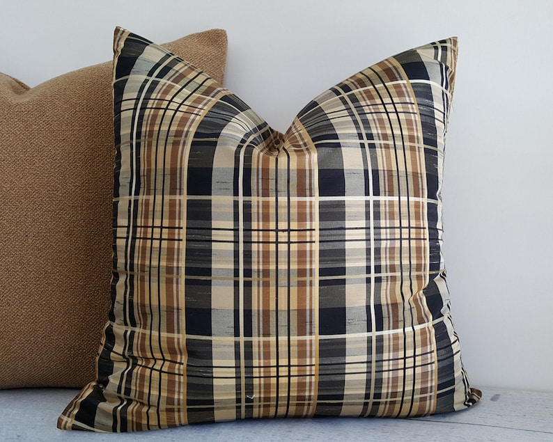 Tan Black Cream Pillow Cover Brown Plaid Pillows Two Styles Etsy