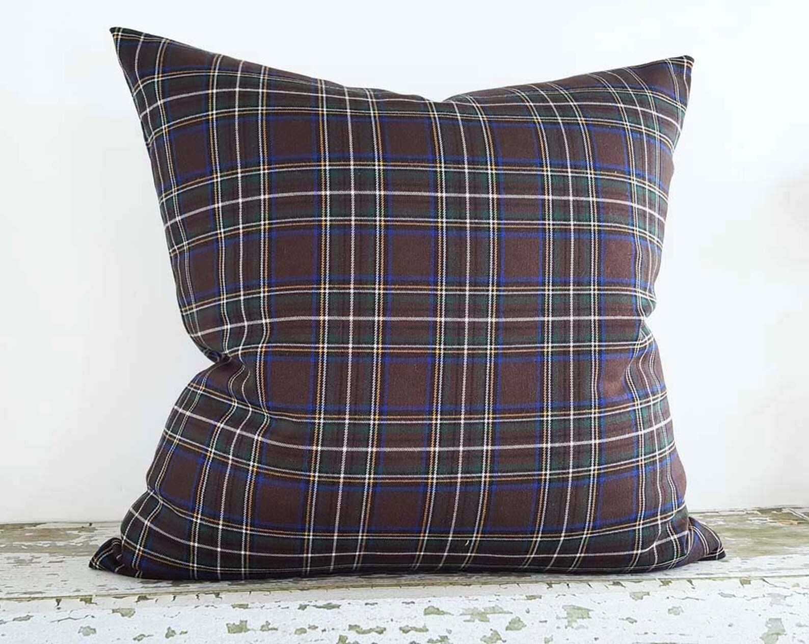Brown Plaid Pillow Plaid Pillow Cover Brown Blue Pillow Etsy