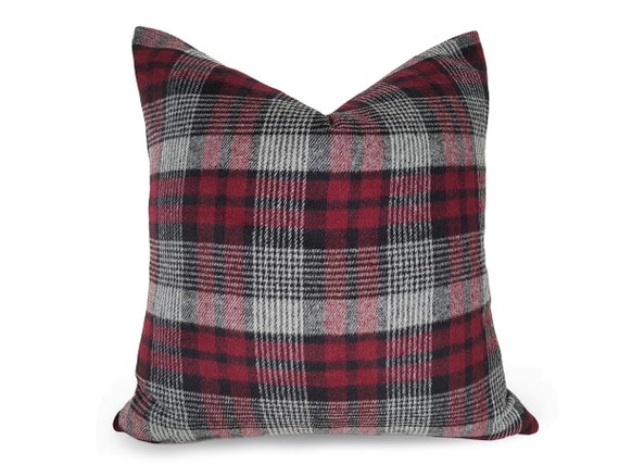 Burgundy Grey Pillow Red Gray Plaid Christmas Plaid Pillows Red Plaid Throw