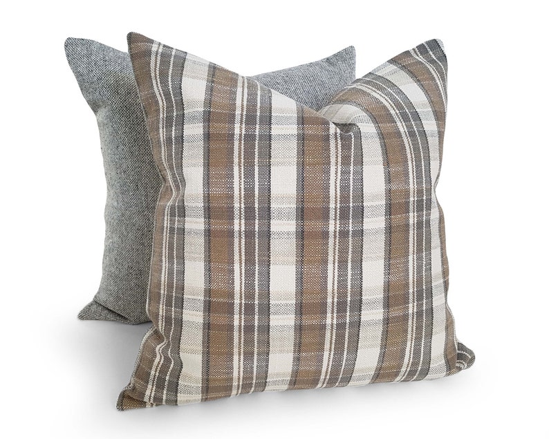 Gray Tan Pillow Cover, Plaid Cushions in Any Size, NEW image 4