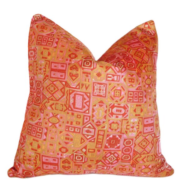 Bohemian Pillows, Pink Orange Pillow, Colorful Vintage Silk, Unique, Bright Boho Chic Cushion, Eclectic, SALE, Lumbar 12x18, 30x45 cm