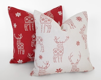 Christmas Pillow Covers, Reindeer Pillow, Red White Holiday Pillows, Christmas Cushions,  12x18, 16x16, 18x18, 20x20