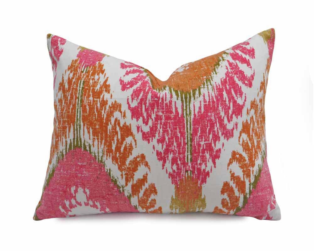 Bohemian Pillow Orange Pink Cushion Ikat Lumbar Pillow Etsy
