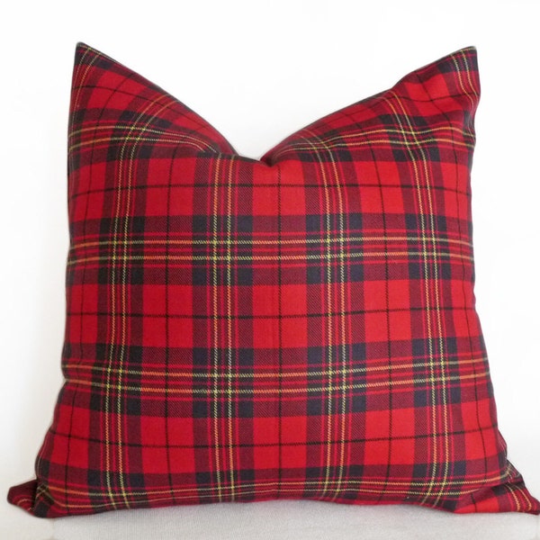 Traditional Tartan Wool Plaid Accent Pillows for Christmas or Seasonal Holiday Decor, Red Black Plaid Cushion 18x18