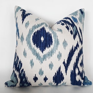 Ikat Pillow, Blue Ikat Pillow Covers, Linen Designer Pillows in Navy Cream White, 16, 18, 20, 22, 24, 12x20, 16x26 image 2