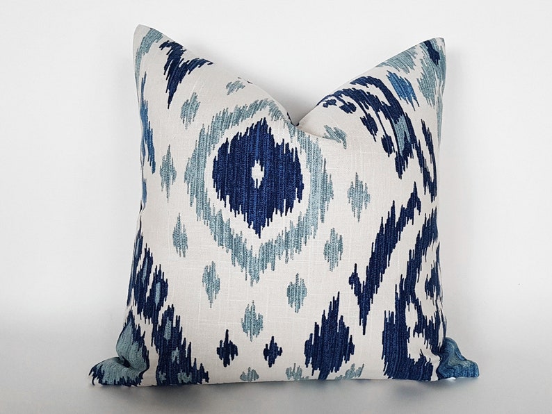 Ikat Pillow, Blue Ikat Pillow Covers, Linen Designer Pillows in Navy Cream White, 16, 18, 20, 22, 24, 12x20, 16x26 image 2