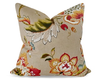 Country Floral Pillows, Jacobean Pillow Cover, Farmhouse Decor, Beige Red Orange Cushions, 18, 20, 22, 24, 26