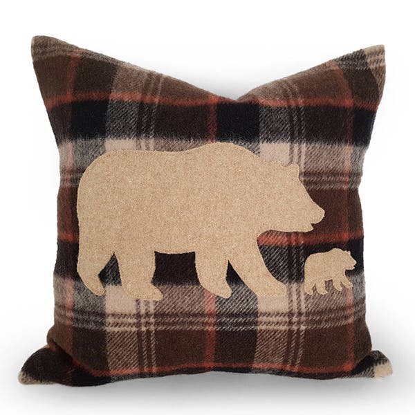 Unique Handmade Bear Pillow Covers, Appliqued Wool Bears for your Camping Decor, 12x18, 12x20, 18x18, 20x20