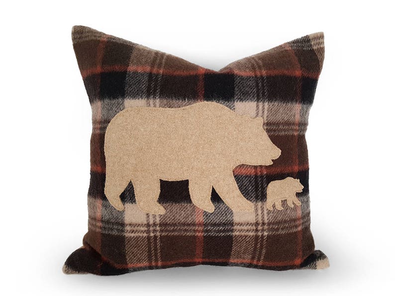 Unique Handmade Bear Pillow Covers, Appliqued Wool Bears for your Camping Decor, 12x18, 12x20, 18x18, 20x20 image 1