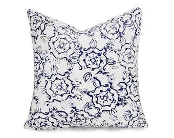 Blue Floral Pillow Covers, Contemporary Blue White Accent Pillows, 18x18, 20x20, 22x22