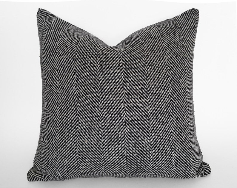 Black Pillow Cover, Large Herringbone Pillow, Black Wool Sofa Pillow, Custom Sizes, 16, 18, 20, 22, 24 image 7