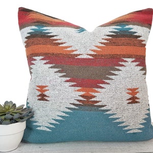 Teal Southwestern Pillow, Native American Pillows, Gray Turquoise, Blue Orange, Tribal Pillow Covers, 12x20, 18x18, 20x20, 26x26 image 1