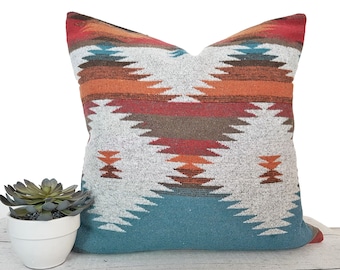 Teal Southwestern Pillow, Native American Pillows, Gray Turquoise, Blue Orange, Tribal Pillow Covers, 12x20, 18x18, 20x20, 26x26