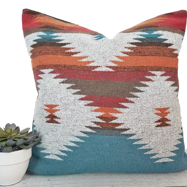 Teal Southwestern Pillow, Native American Pillows, Gray Turquoise, Blue Orange, Tribal Pillow Covers, 12x20, 18x18, 20x20, 26x26