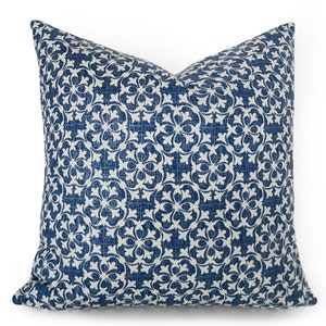 Denim Blue Pillow Covers, Cottage Pillow, Blue Farmhouse Pillow, Cream, Small Print Celtic Cushions, 18x18 image 1