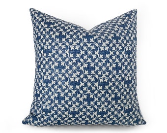 Denim Blue Pillow Covers, Cottage Pillow, Blue Farmhouse Pillow, Cream, Small Print Celtic Cushions,  18x18