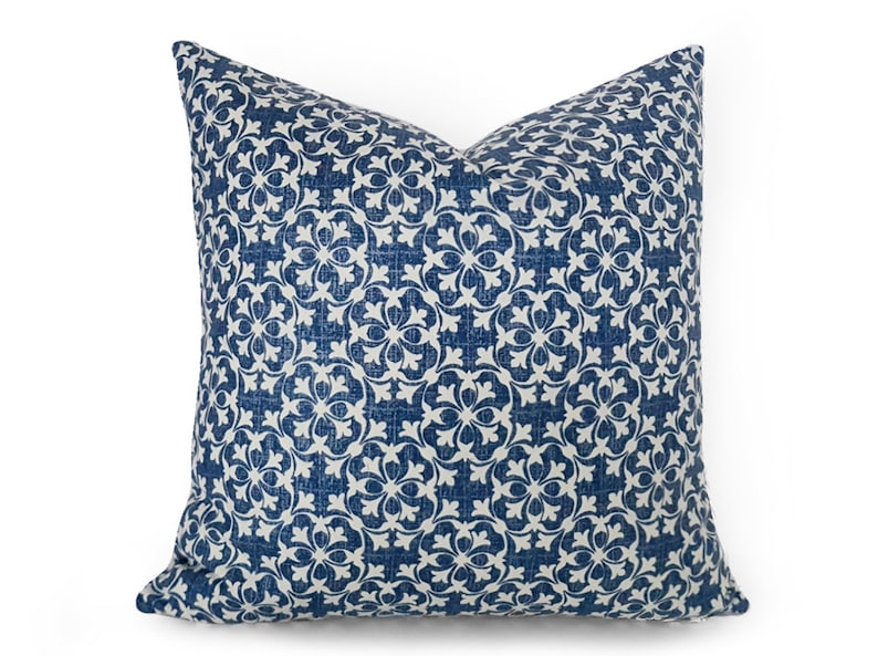 Denim Blue Pillow Covers, Cottage Pillow, Blue Farmhouse Pillow, Cream, Small Print Celtic Cushions, 18x18 image 1