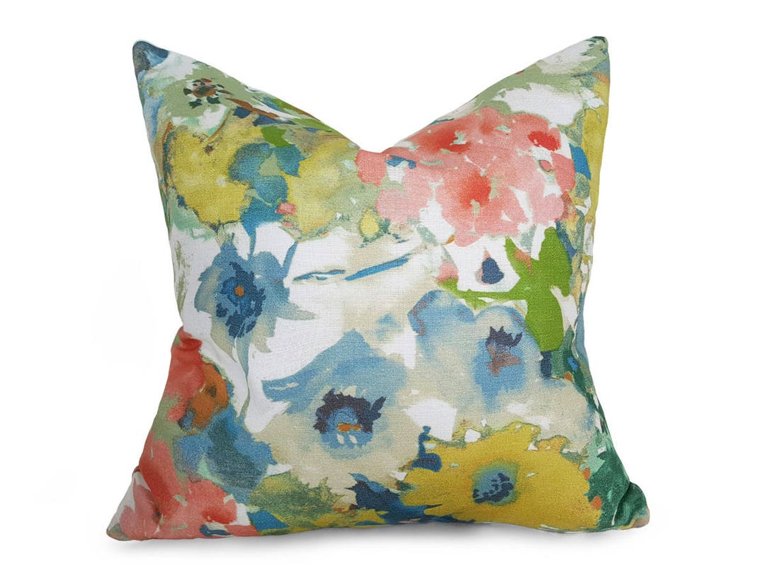 Watercolor Floral Pillow Colorful Summer Pillow Covers Blue Etsy