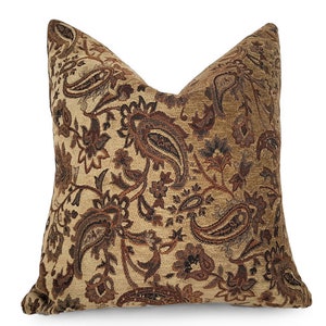Brown Paisley Pillow, Lumbar Pillow Cover with Green, Copper, Textured Accent Pillow, 12X18, 12x20, 14x20 image 1
