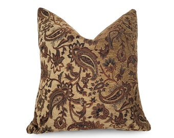 Brown Paisley Pillow, Lumbar Pillow Cover with Green, Copper, Textured Accent Pillow,  12X18, 12x20, 14x20