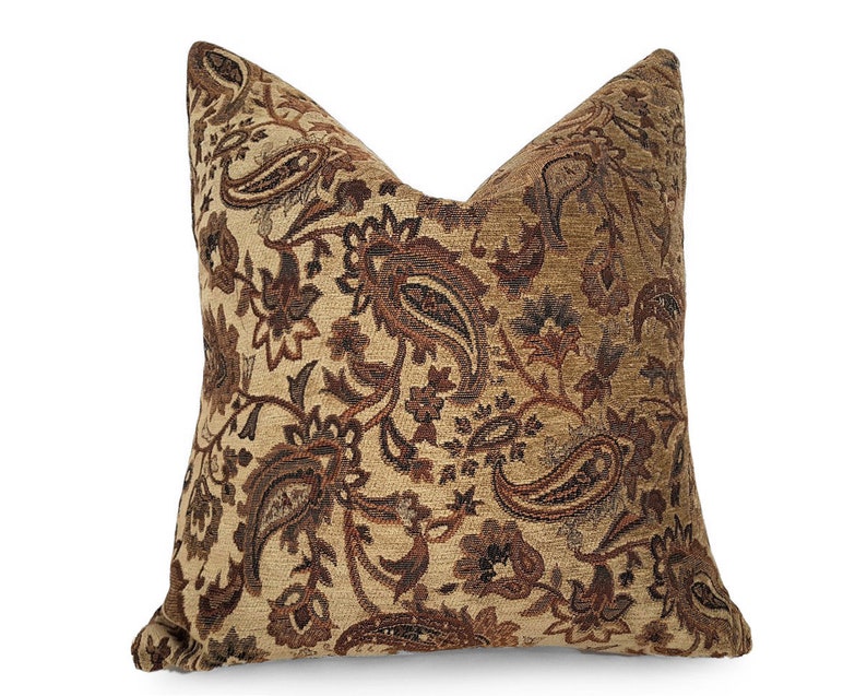 Brown Paisley Pillow, Lumbar Pillow Cover with Green, Copper, Textured Accent Pillow, 12X18, 12x20, 14x20 image 1