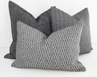 Black White Tweed Pillow Cover, Textured Woven Wool Cushions, Lodge Decor, Lumbar Pillows, 18x18, 20x20, NEW