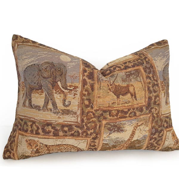 African Pillows, Safari Pillow, Wildlife Pillow Covers, Tiger Leopard Elephant , Brown Green Gold Pillow, 12x18, 18x18, 20x20