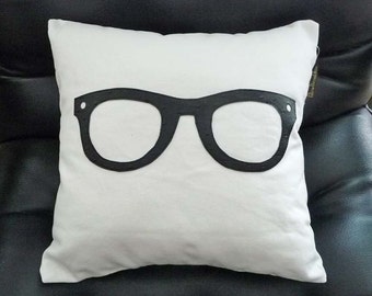 Geek Pillow, Unique Pillow Cover, Teen Birthday Gift, College Dorm Decor, Black Glasses, 16x16