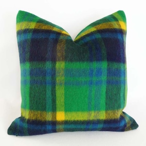 Green Blue Plaid Mohair Pillow Cover, Rustic Fall Decor, 18x18