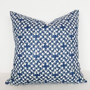 Denim Blue Pillow Covers, Cottage Pillow, Blue Farmhouse Pillow, Cream, Small Print Celtic Cushions, 18x18 image 4