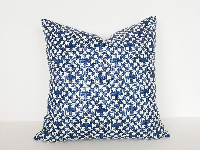 Denim Blue Pillow Covers, Cottage Pillow, Blue Farmhouse Pillow, Cream, Small Print Celtic Cushions, 18x18 image 4