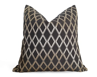 12x20 Black Pillow Cover, Geometric Pillow, Pewter Gold Diamond Design on Black