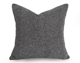 Black Pillow Cover, Large Herringbone Pillow, Black Wool Sofa Pillow, Custom Sizes, 16, 18, 20, 22, 24