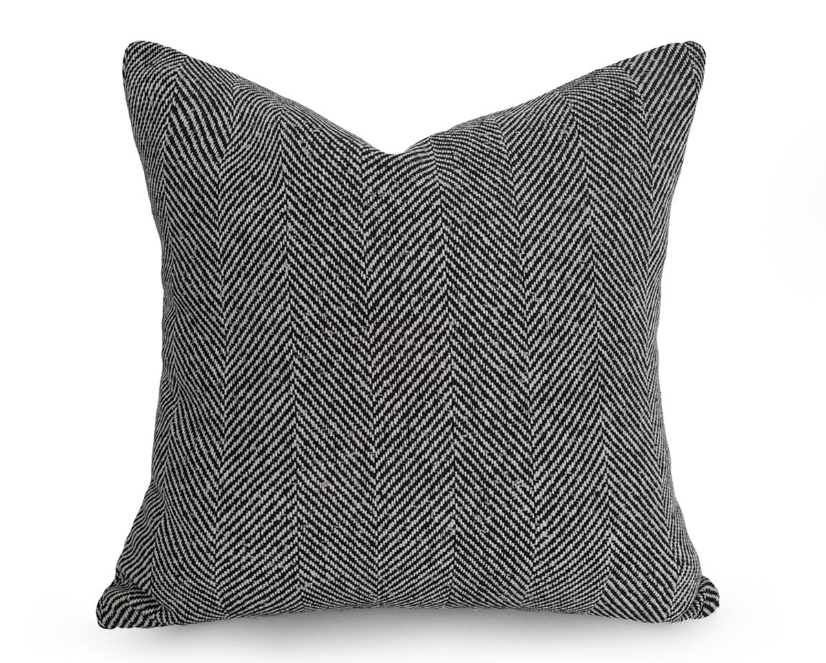 Black Textured Pillow Large Herringbone Pillow Rustic Wool Etsy