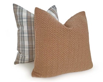 Tan Couch Pillow Cover, Textured Wool Herringbone Cushion in Lumbar and Custom Sizes