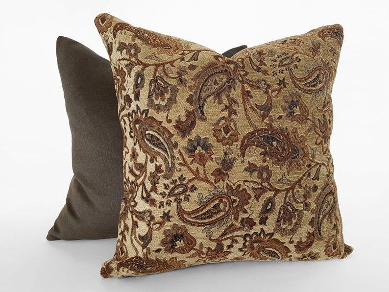 Brown Paisley Pillow, Lumbar Pillow Cover with Green, Copper, Textured Accent Pillow, 12X18, 12x20, 14x20 image 5